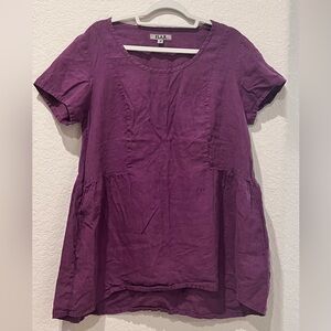 Flax 100% Linen Women's Rich Purple Short Sleeve Tunic Top | Size Small